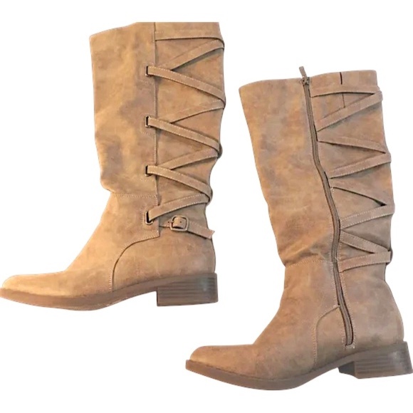 Taupe Knee-High Boots with Criss-Cross Strap Detail – Women’s Size 8 - Picture 1 of 6